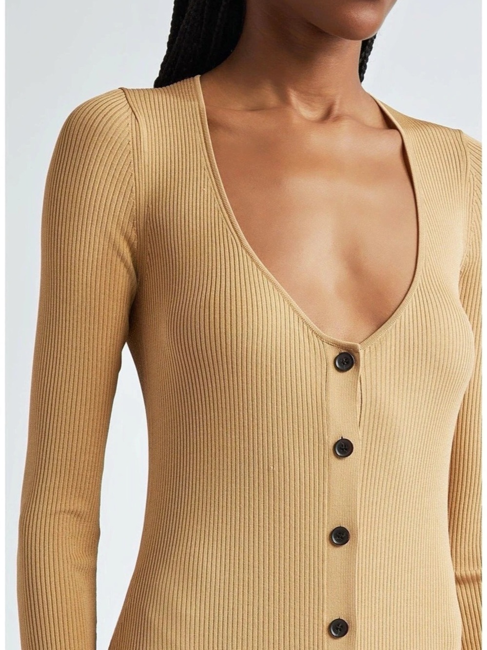 Proenza Shoulder Ribbed Button-Front Maxi Dress. Ribbed Button-Front Brown Maxi - Picture 5 of 6